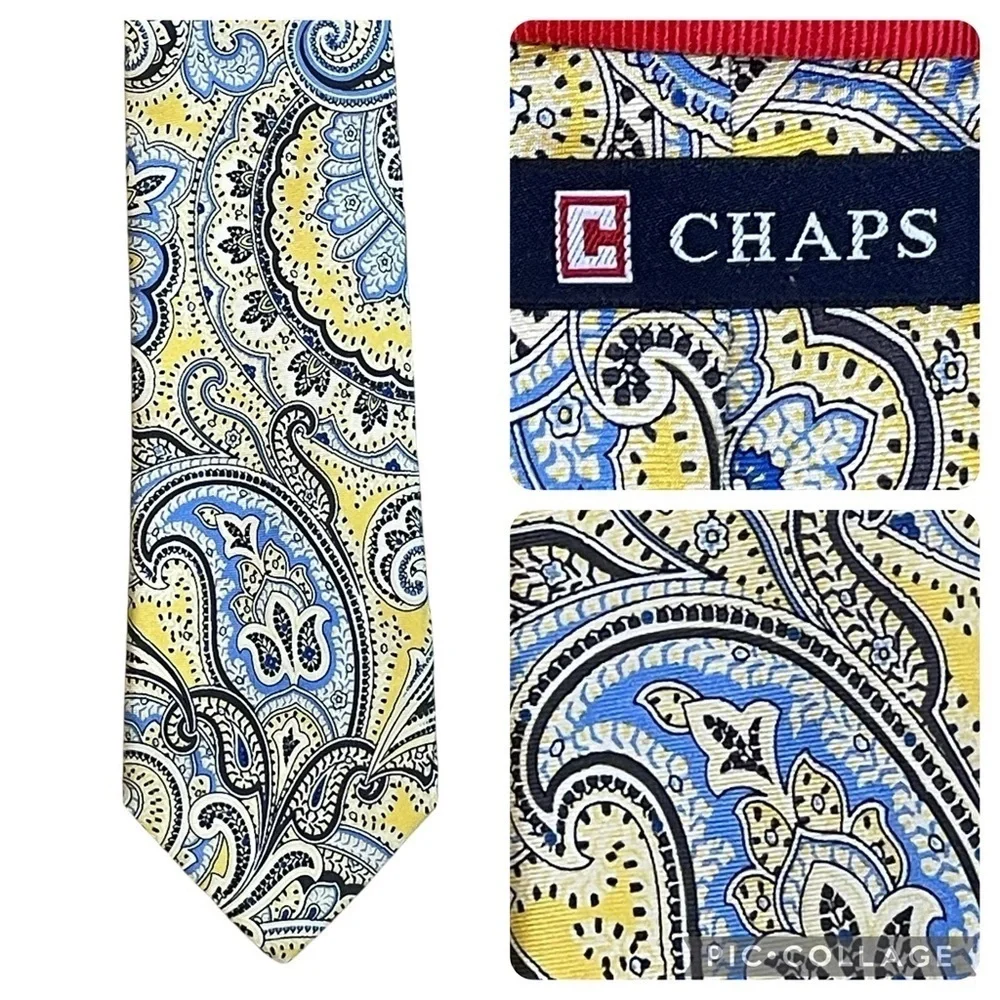 Chaps Yellow Blue & Black Paisley Silk Classic Preppy Business Tie